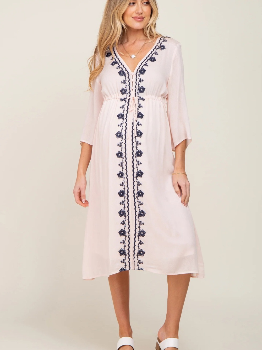 PinkBlush Maternity V-Neck Midi Dress with Navy Embroidery